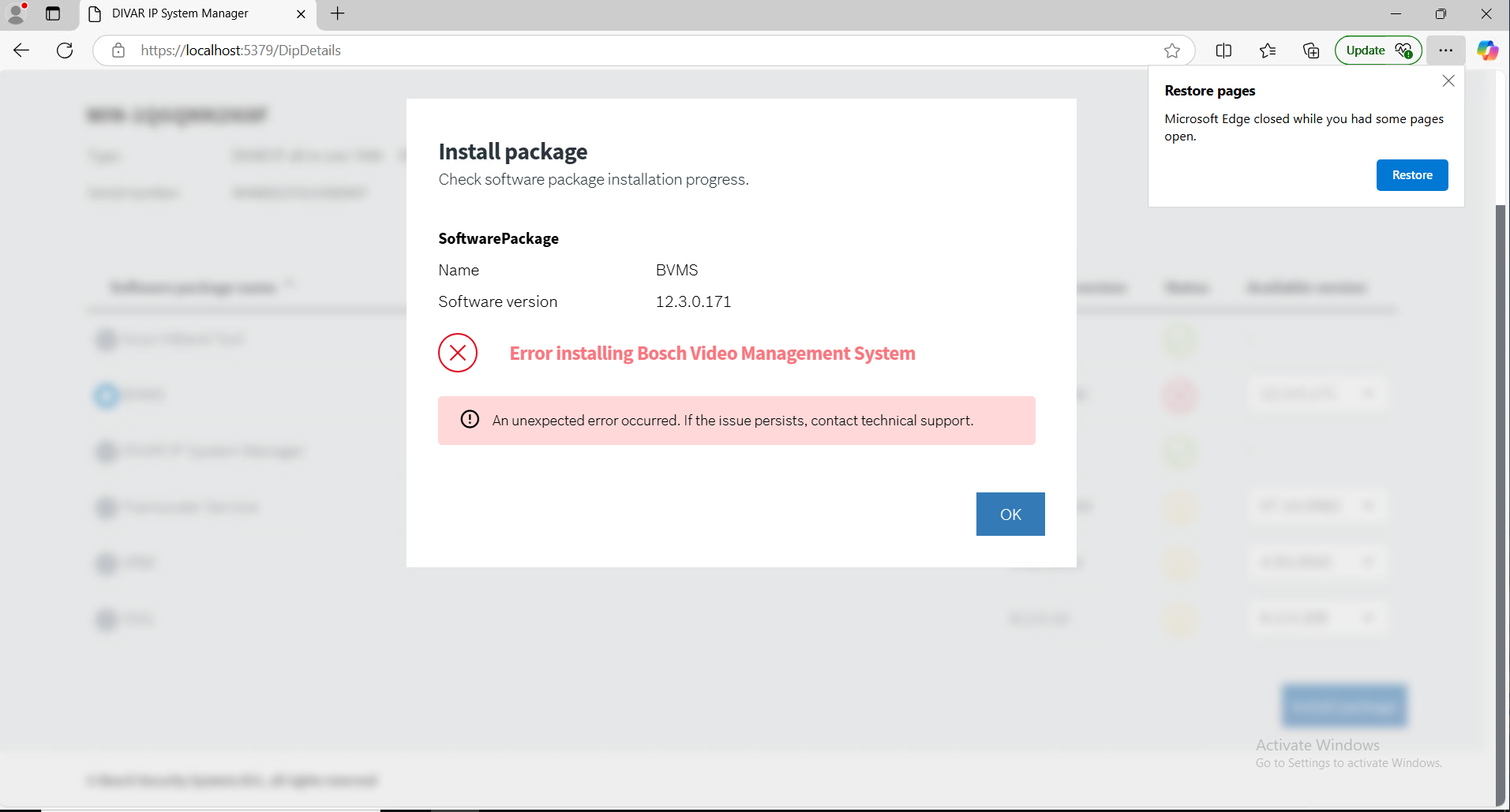 BVMS Upgrade fails on DIVAR IP with previously BVMS patches installed (An unexpected error occurred).png