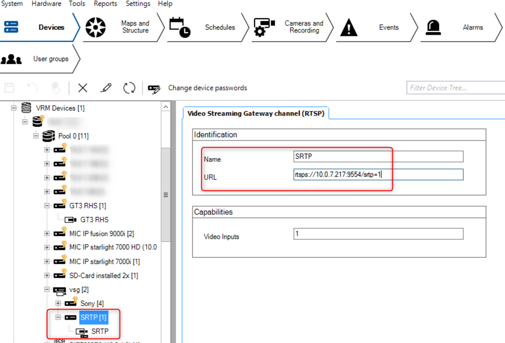 How can I configure Bosch cameras with SRTP encryption for VMS systems (streaming protocols and URLs) 1.png