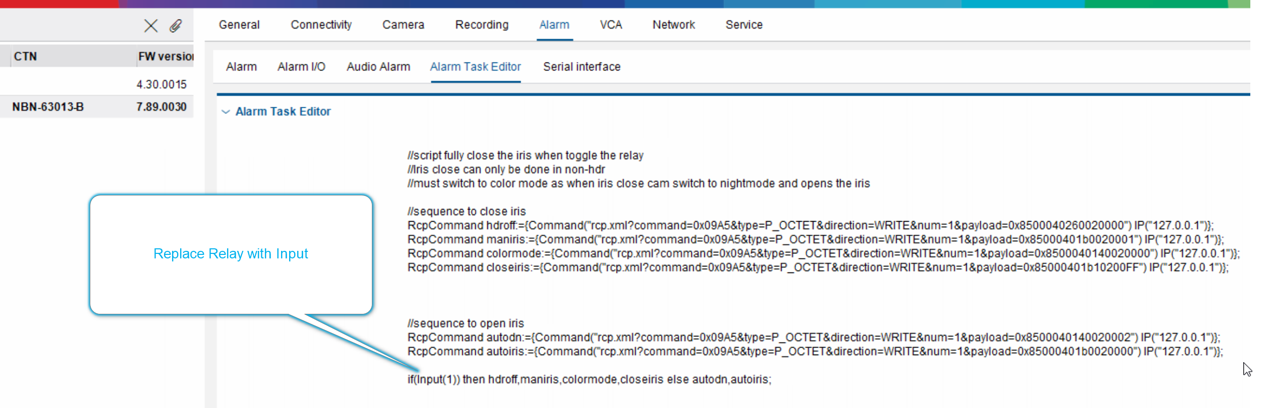 Can I close the iris of DINION IP starlight 6000 based on a relay trigger Alarm Task Editor Script.png