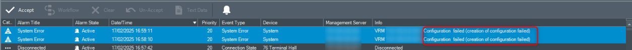 What to do if BVMS Operator Client event list shows VRM 192.xxx.xxx.xxxConfiguration failed (creation of configuration failed).png